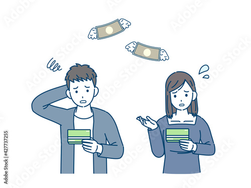 通帳を見て困る　若い男女　大学生　金欠　支払い　貯金　イラスト素材