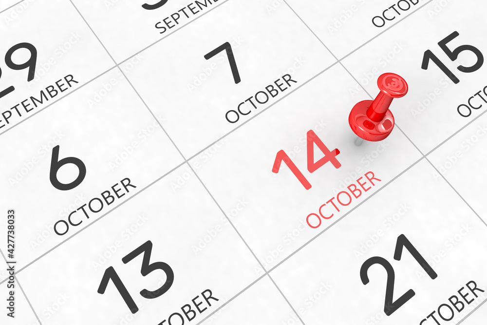 3d rendering of important days concept. October 14th. Day 14 of month. Red date written and pinned on a calendar. Autumn month, day of the year. Remind you an important event or possibility. 3d rendering of important days concept. October 14th. Day 14 of month. Red date written and pinned on a calendar. Autumn month, day of the year. Remind you an important event or possibility.