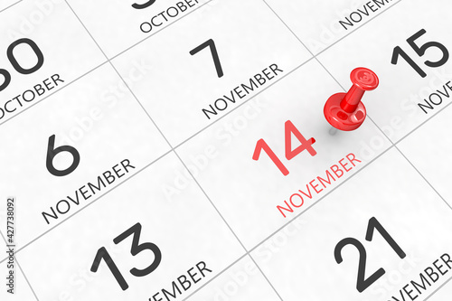 3d rendering of important days concept. November 14th. Day 14 of month. Red date written and pinned on a calendar. Autumn month, day of the year. Remind you an important event or possibility.