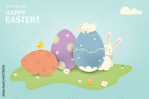 Happy Easter. Easter Rabbit Bunny with eggs, grass, flowers in field. Cute cartoon rabbit character with chicken, Paschal egg. Design template for Banner, flyer, invitation, greeting card, poster.