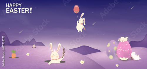Happy Easter. Easter Rabbit Bunny with eggs, grass, flowers in field. Cute cartoon rabbit character with chicken, Paschal egg. Design template for Banner, flyer, invitation, greeting card, poster.