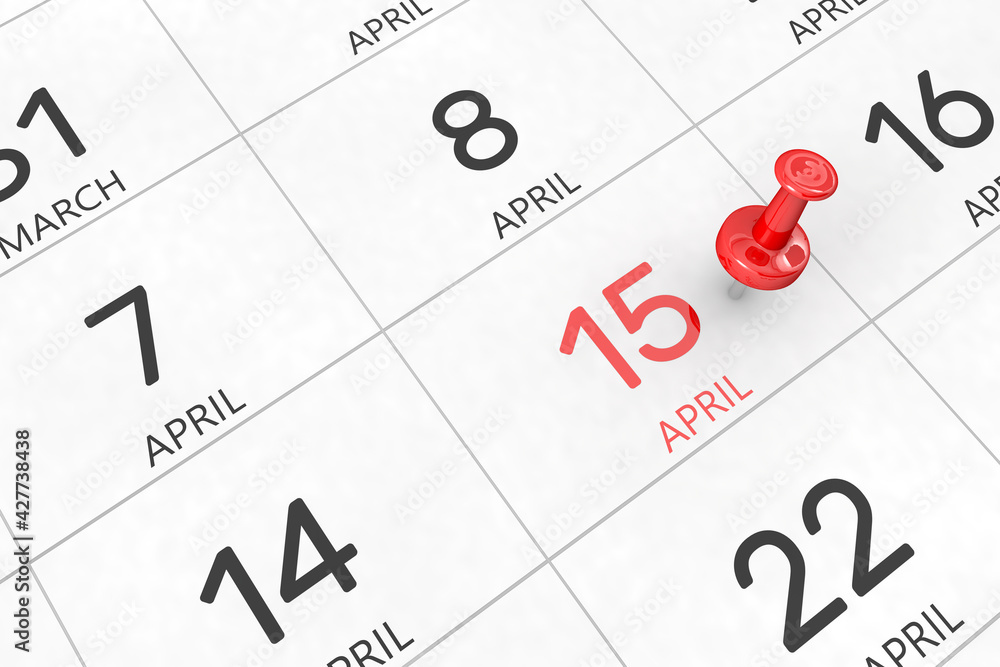 3d rendering of important days concept. April 15th. Day 15 of month. Red date written and pinned on a calendar. Spring month, day of the year. Remind you an important event or possibility. 3d rendering of important days concept. April 15th. Day 15 of month. Red date written and pinned on a calendar. Spring month, day of the year. Remind you an important event or possibility.
