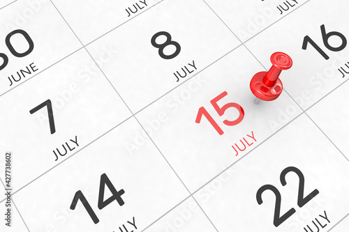 3d rendering of important days concept. July 15th. Day 15 of month. Red date written and pinned on a calendar. Summer month, day of the year. Remind you an important event or possibility.