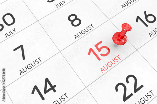 3d rendering of important days concept. August 14th. Day 14 of month. Red date written and pinned on a calendar. Summer month, day of the year. Remind you an important event or possibility. photo