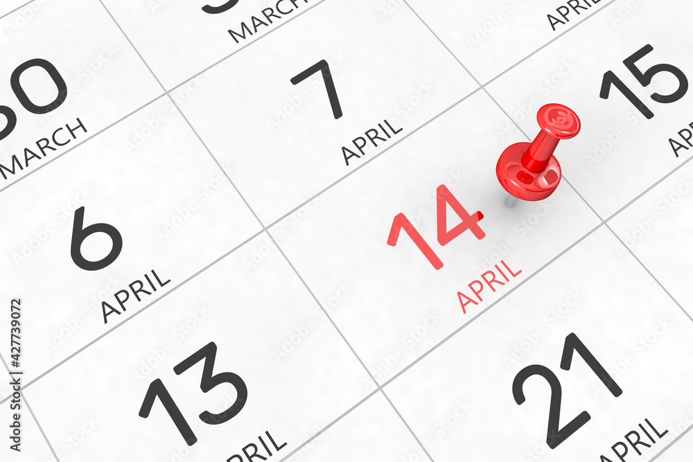 3d rendering of important days concept. April 14th. Day 14 of month. Red date written and pinned on a calendar. Spring month, day of the year. Remind you an important event or possibility.