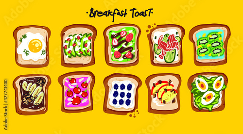 Various Menu Tasty breakfast. Healthy food concept.  Various toasts. Fried and steamed eggs, fish, salmon, avocado slices, sweet berries,  chocolate banana, olives, cream cheese. Vector set