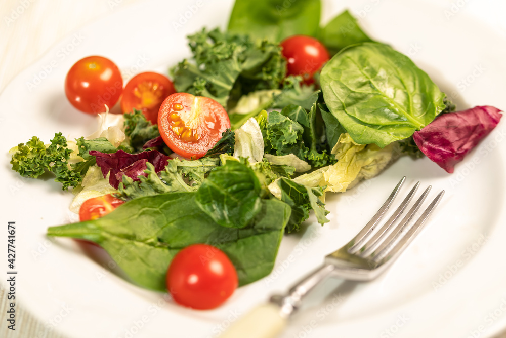 A plate of fresh green salad, cherry tomatoes, cucumber, balsamic vinegar and olive oil. A plate of fresh green salad, cherry tomatoes, cucumber, balsamic vinegar and olive oil.