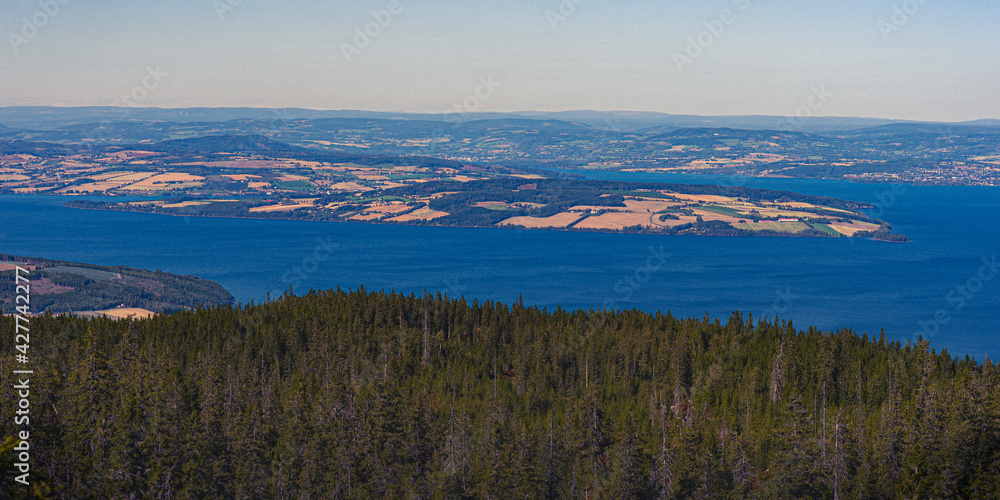 Helgøya Island in Lake Mjøsa at summer, seen from the Totenåsen Hills.