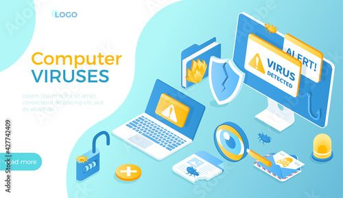 Computer Viruses. Monitor and laptop with alert messages. Errors detected, bugs, open lock, infected files, broken shield.  Isometric vector illustration for website.