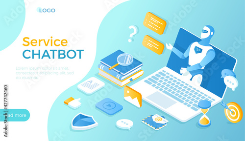 Сhat bot application gives answers to questions. Dialog helping service. Chatbot robot virtual communicate via laptop. Online technology support. Isometric vector illustration for website.