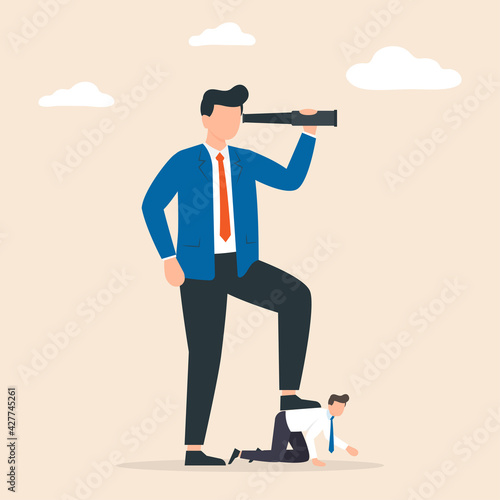 Business concept of giant foot trampling a businessman. Concept of power.