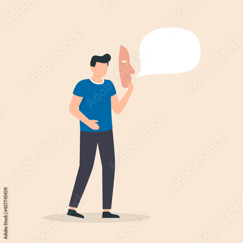 Man holding face masks, hypocrisy, business dishonest or liar, fake, crime or fraudulent concept.