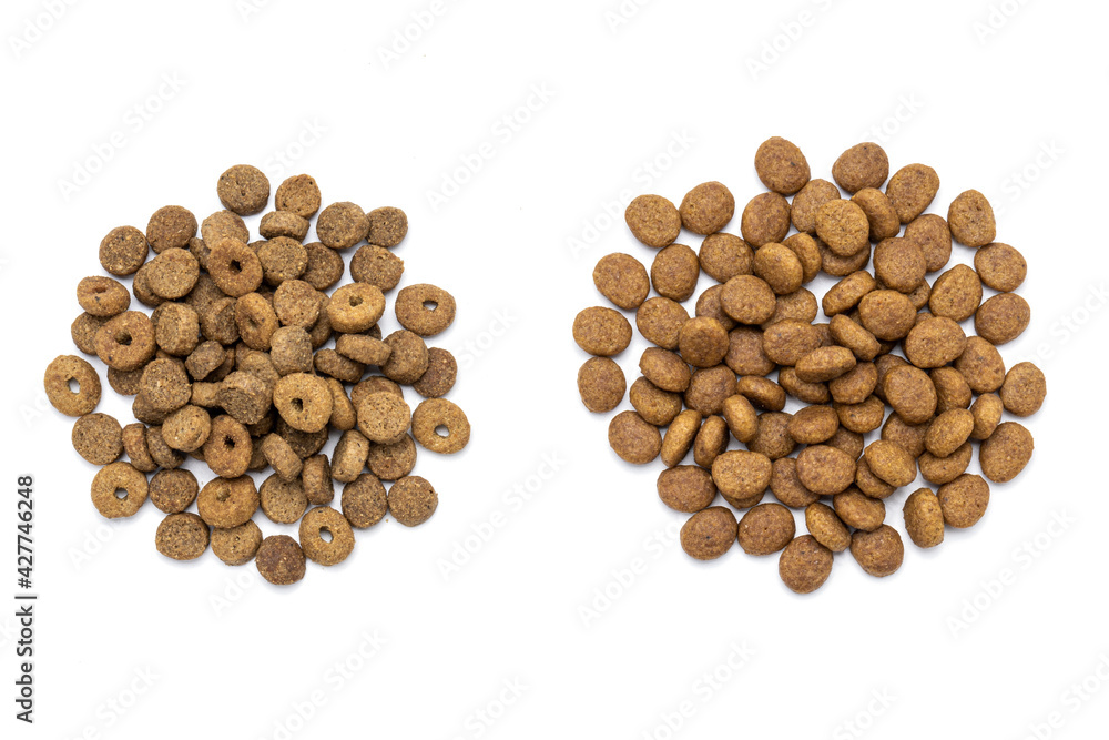 variation domestic animals dry food isolated on white background. dry cat feed cut out. above view. collection variation domestic animals dry food isolated on white background. dry cat feed cut out. above view. collection