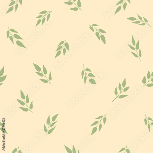 Vector simple floral seamless pattern. Natural background. Summer green leaves on light beige background. Cute simple print.