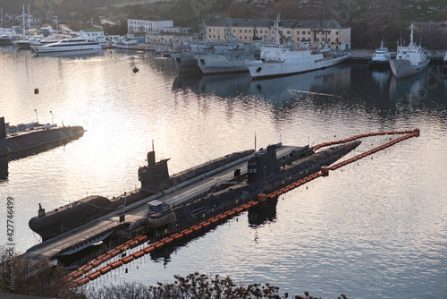 Sevastopol. Crimea. Winter 2020. Old diesel submarines in Sevastopol. Russian submarine Alrosa and Ukrainian submarine Zaporozhye.