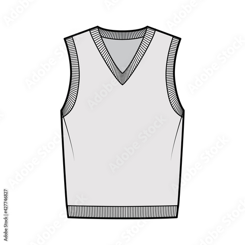 Pullover vest sweater waistcoat technical fashion illustration with sleeveless, rib knit V-neckline, oversized body. Flat template front, grey color style. Women, men, unisex top CAD mockup