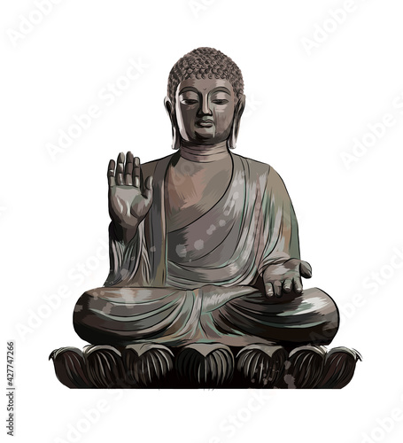 Buddha Statue from a splash of watercolor, colored drawing, realistic. Vector illustration of paints