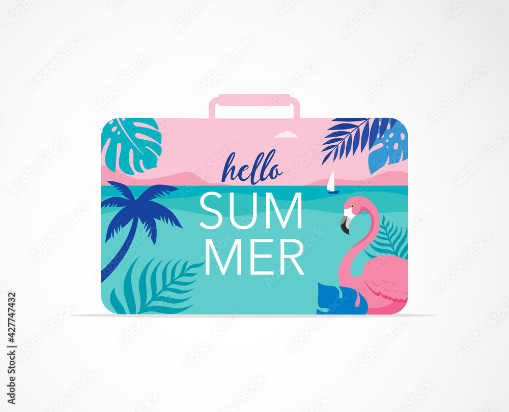Summer time fun concept design. Creative background of landscape, panorama of sea and beach on suitcase. Summer sale, post template