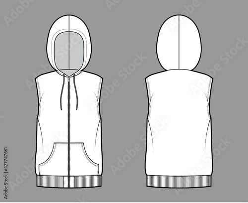 Hooded vest waistcoat technical fashion illustration with sleeveless, kangaroo pouch, zip-up closure, oversized body. Flat template front, back, white color style. Women, men, unisex top CAD mockup
