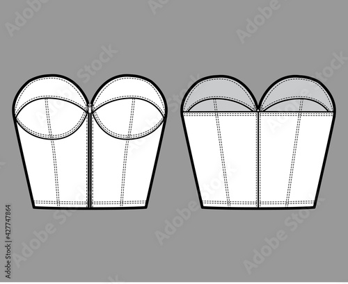 Denim bustier top technical fashion illustration with zip-up closure, cups strapless , slim fit, waist crop length. Flat bra template front, back, white color style. Women, men, unisex CAD mockup