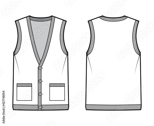 Cardigan vest sweater waistcoat technical fashion illustration with sleeveless, rib knit V-neckline, button closure, pockets. Flat template front, back, white color style. Women, men top CAD mockup