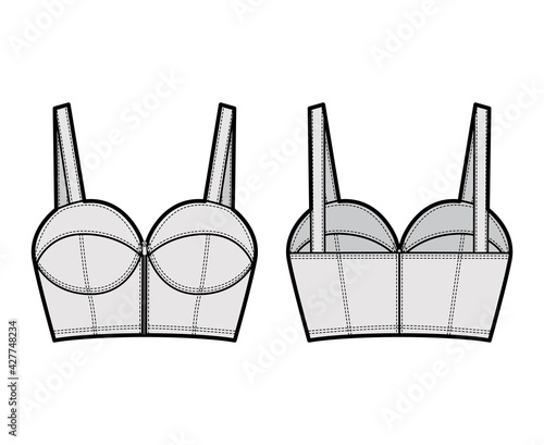 Denim bustier top technical fashion illustration with thin straps, zip-up closure, cups, slim fit, crop length. Flat bra template front, back, grey color style. Women, men, unisex CAD mockup