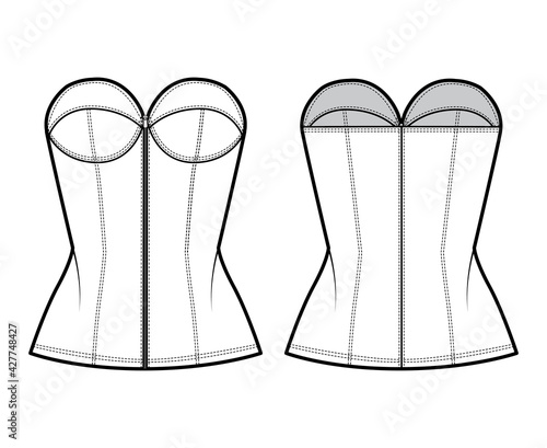 Denim corset top bustier technical fashion illustration with basque, strapless, zip-up closure, cups, fitted body. Flat apparel template front, back, white color style. Women, men, unisex CAD mockup