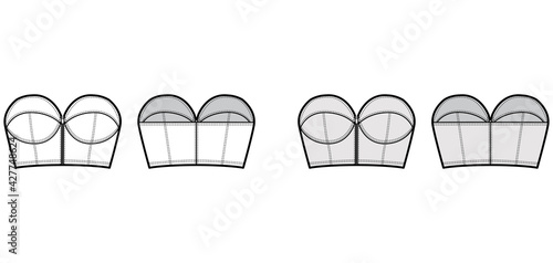 Denim bustier top technical fashion illustration with zip-up closure, cups strapless , slim fit, crop length. Flat bra template front, back, white, grey color style. Women, men, unisex CAD mockup