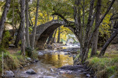 Venetian bridge in Cyprus in the Troodos mountains. Beautiful autumn landscape with river, trees and ancient bridge. Medieval architecture
