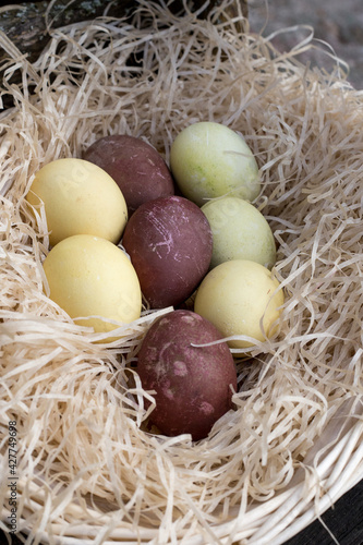 Yellow, and brown Easter eggs lie in a wicker basket. The basket is lying on a wooden chair outside.