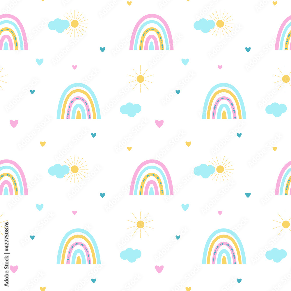 Baby seamless pattern with cute rainbows. Creative vector background for fabric, textile, baby wallpaper.