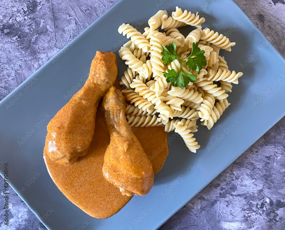 Hungarian paprika chicken, also known as chicken paprikash in juicy