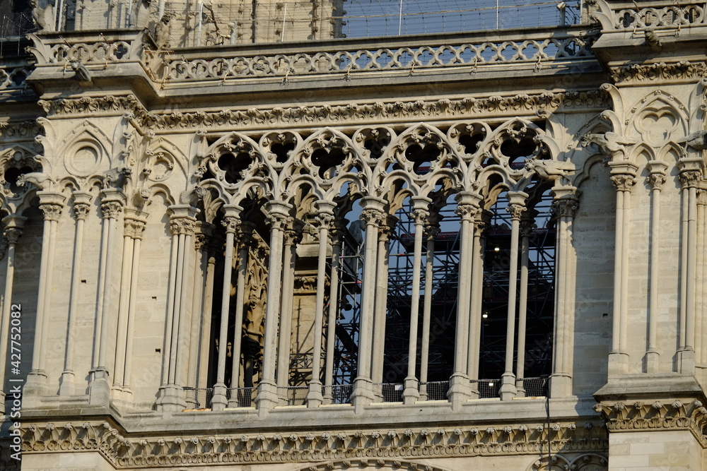 A close up on Notre Dame de Paris during its reconstruction. The 14th April 2021, Paris center France.