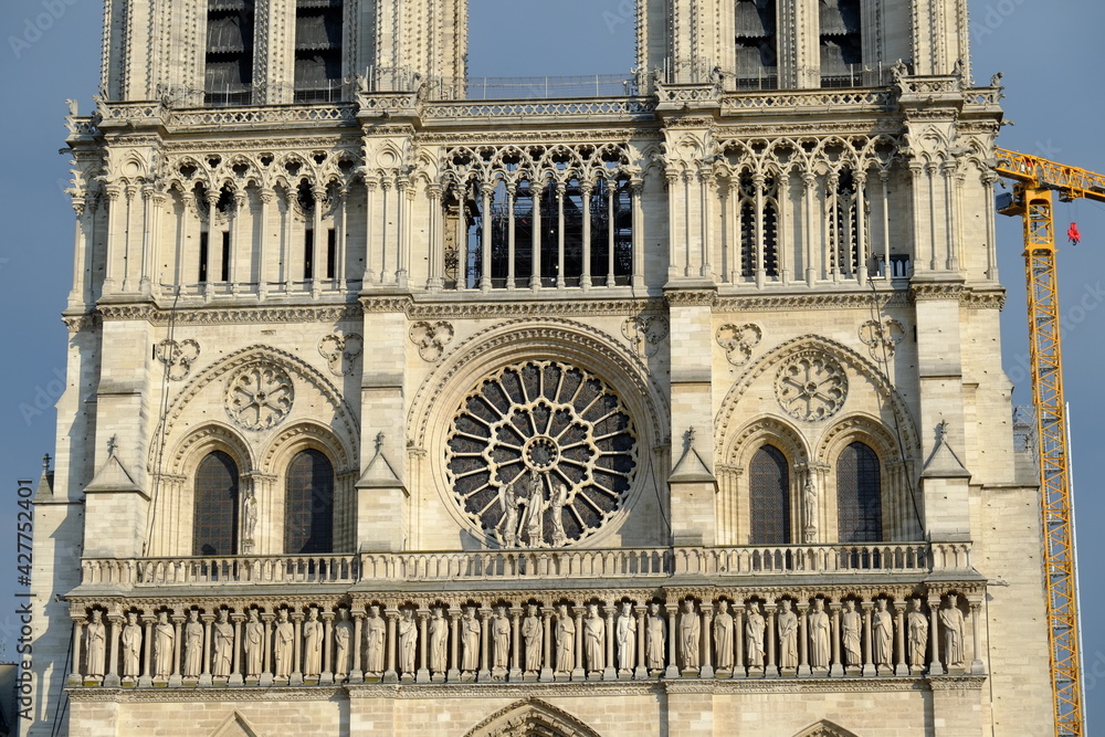 A close up on Notre Dame de Paris during its reconstruction. The 14th April 2021, Paris center France.