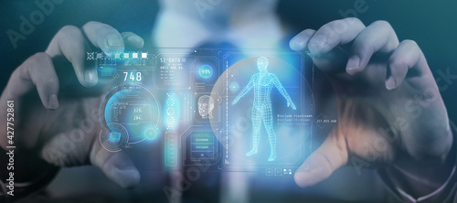 Panel of the gadget of the future with data about a person. 3D render