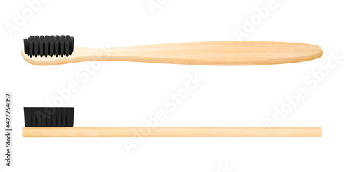 Vector 3d Realistic Brown Wooden, Bamboo Blank Toothbrush Set Isolated on White Background. Design Template, Mockup. Dentistry, Healthcare, Hygiene Concept. Tooth Brush in Top, Side View