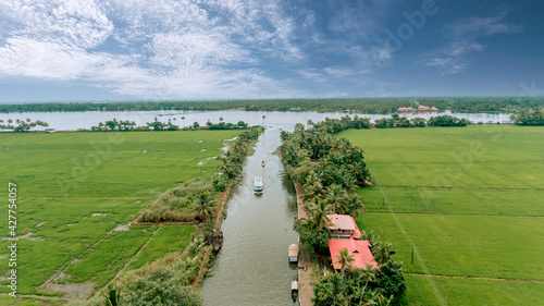 Aerial Shot  Boat Houses over the backwaters in Alleppey, Kerela