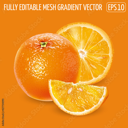 Whole orange with slices on an orange background.