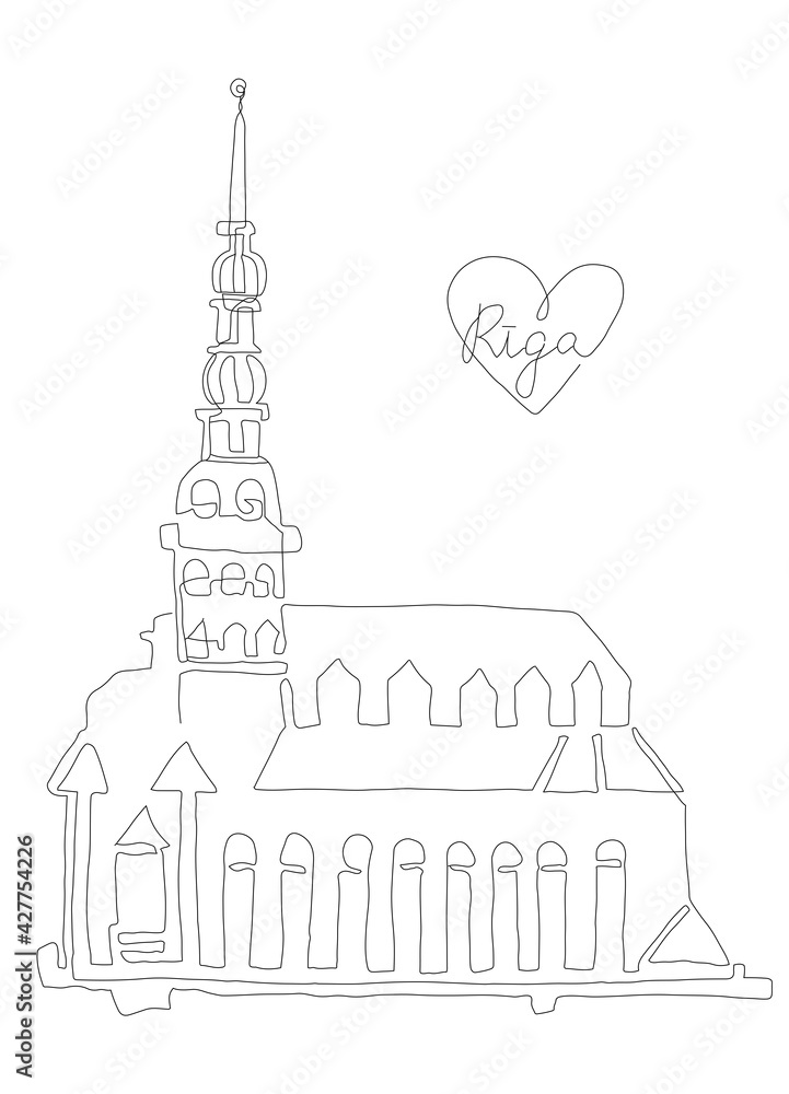 Riga line art illustration. Old town symbol. Church building