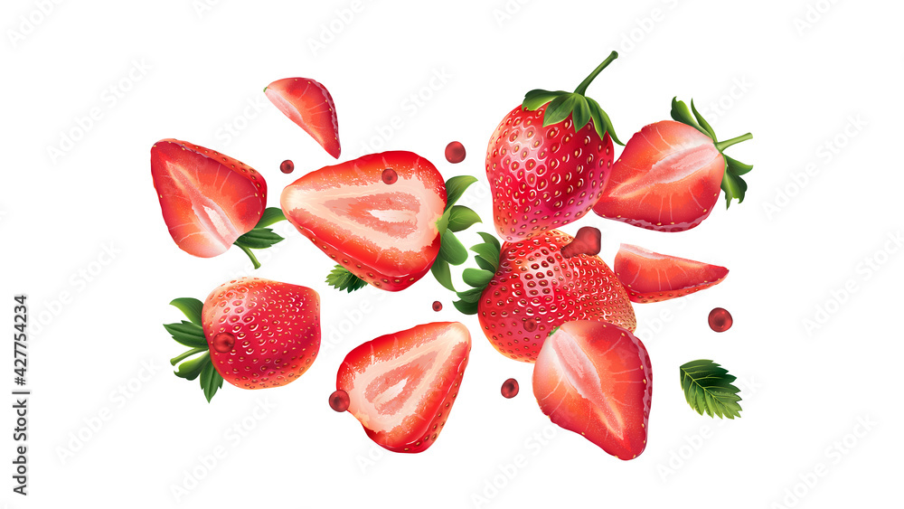 Flying fresh strawberries on a white background. Flying fresh strawberries on a white background.