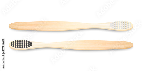 Vector 3d Realistic Brown Wooden, Bamboo Blank Toothbrush Set Isolated on White Background. Design Template, Mockup. Dentistry, Healthcare, Hygiene Concept. Tooth Brush in Top View