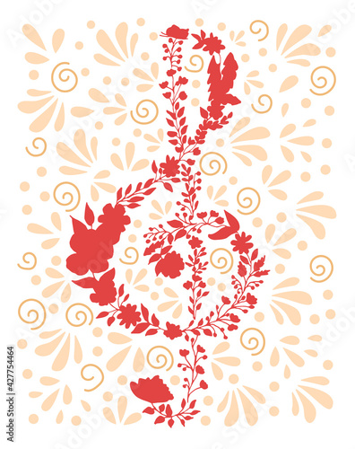 Treble clef vector illustration. Unique hand drawn music illustration, card, poster. Floral design