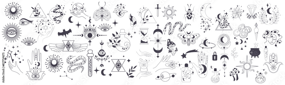 Mystic items, moon, hands, crystals, planets. Doodle astrology style. Doodle esoteric, boho mystical hand drawn elements. Magic and witchcraft. Vector illustration Mystic items, moon, hands, crystals, planets. Doodle astrology style. Doodle esoteric, boho mystical hand drawn elements. Magic and witchcraft. Vector illustration