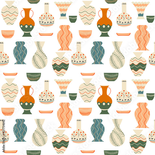 Seamless pattern with ceramic and pottery. Trendy design for wallpaper, textile design, packing, fabric. Vintage classical design, clay decor