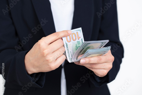 white background Woman counting money. business and economy concept. 