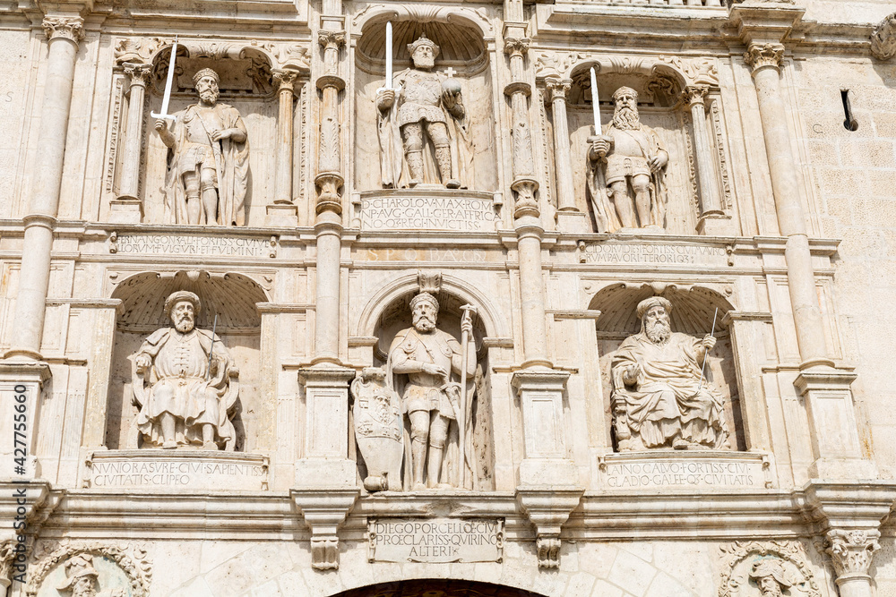 BURGOS, SPAIN - April 9, 2021: detail of the statues on the Arch of Santa Maria in Burgos