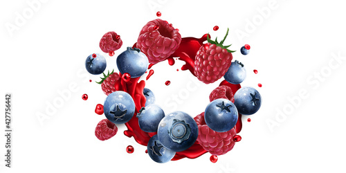 Blueberries and raspberries in a splash of red fruit juice.