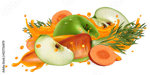 Fototapeta Naklejka Na Ścianę i Meble -  Green apples and carrots in a vegetable juice splash.