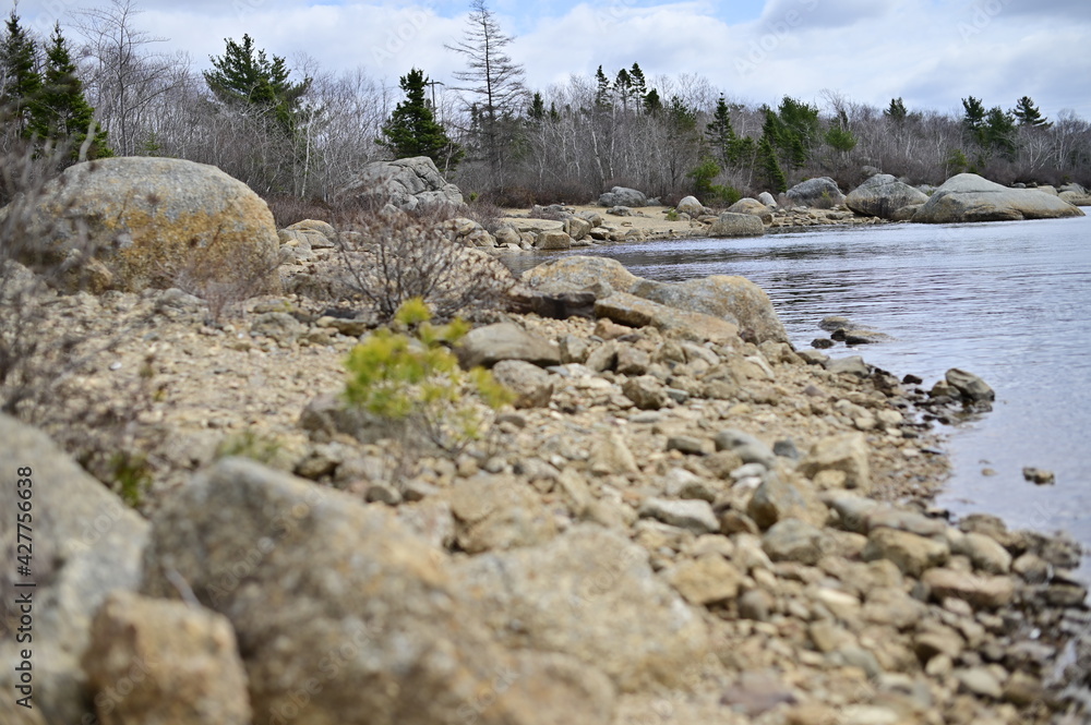 Stone and forest lake shore in the Nova Scotia, Canada.