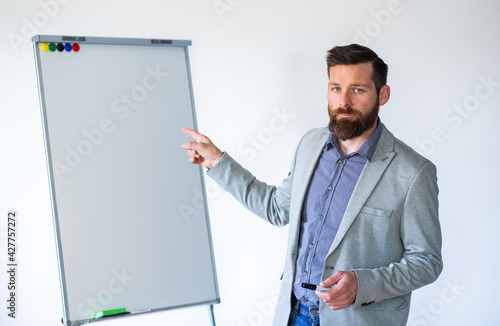 teacher with empty whiteboard copyspace
